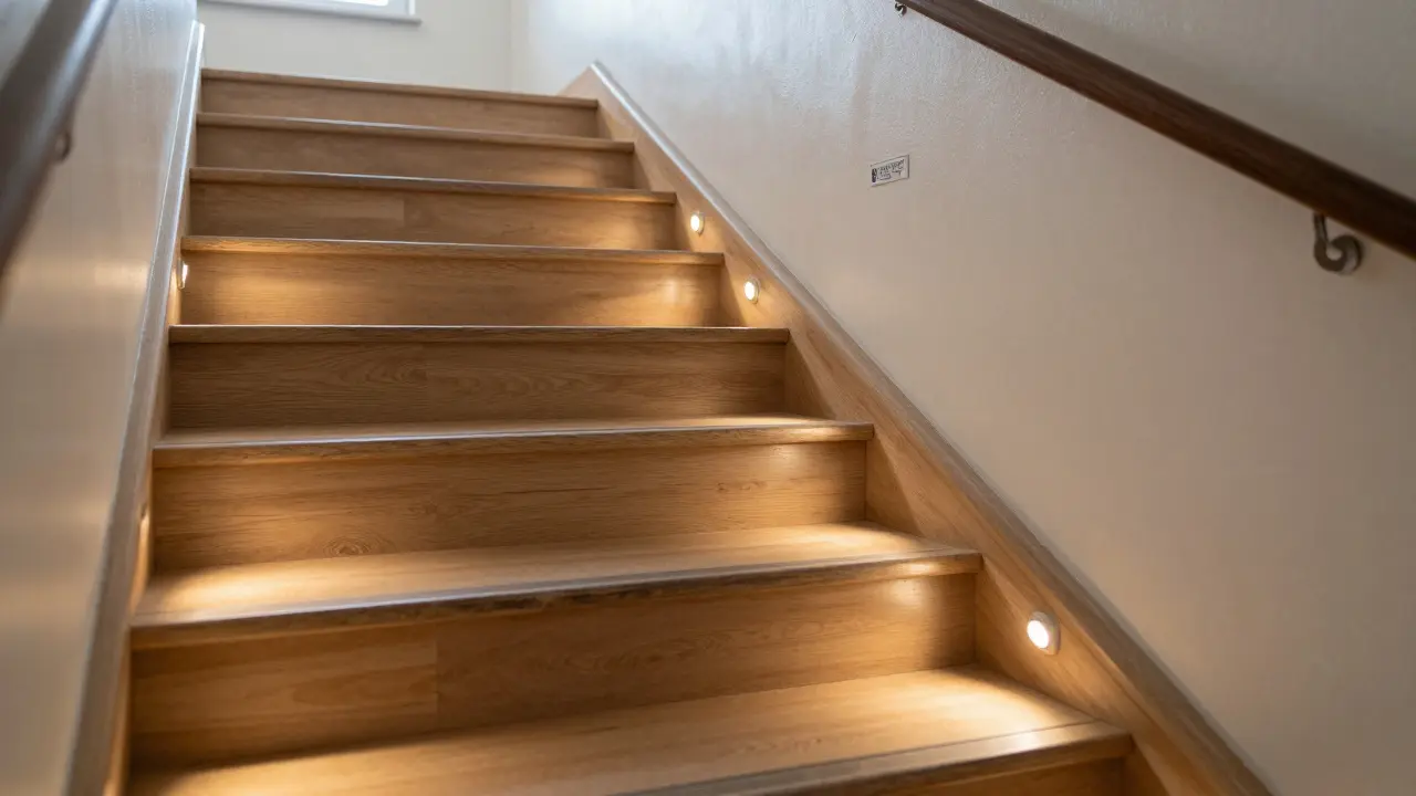 Treppenhaus mit bodennahen LED-Streifen zur besseren Orientierung und Sicherheit