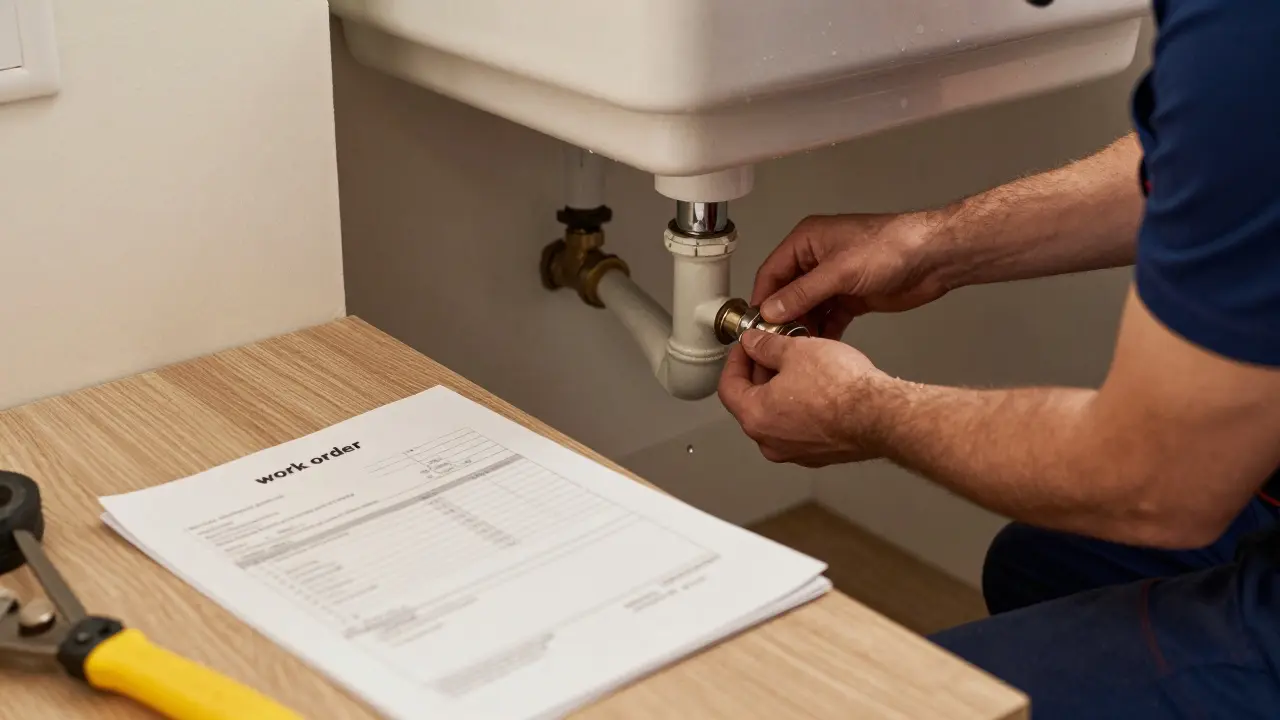 Zweiter Handwerker repariert Wasserrohr unter Spüle