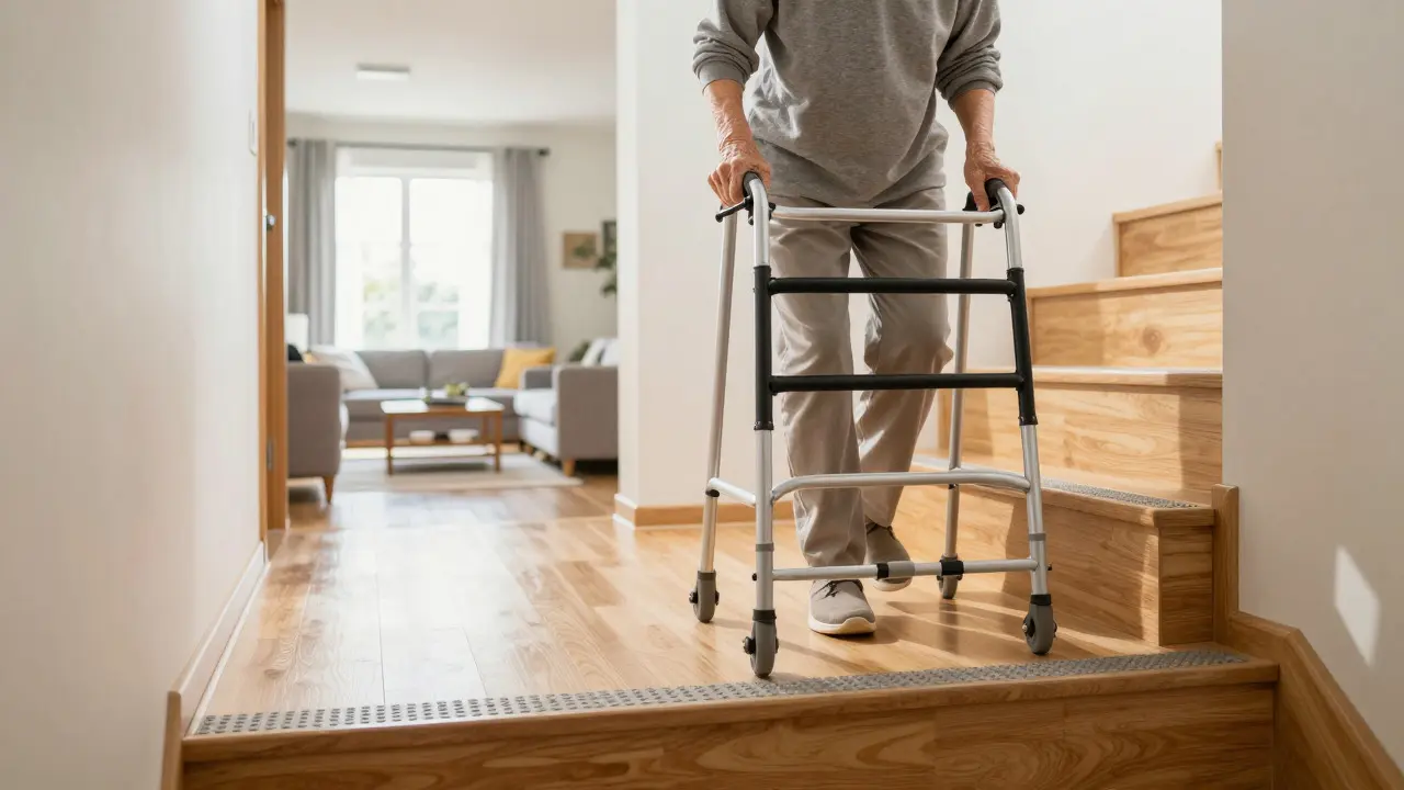 Ältere Person mit Rollator auf einer sicheren, rutschfesten Treppe in einem hellen Haus