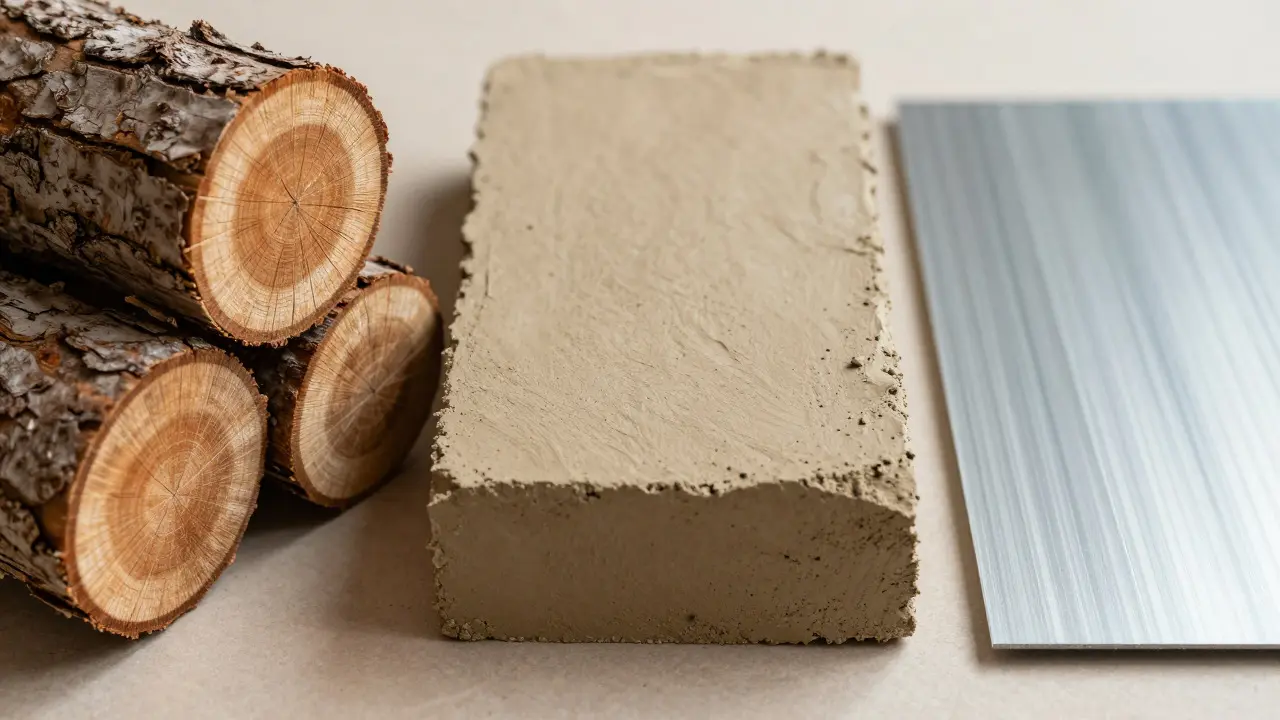 Close-up comparison of timber, clay plaster, and metal building materials