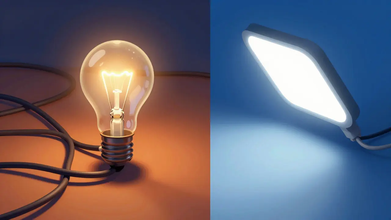 Conceptual art showing efficient LED lighting versus inefficient halogen bulbs