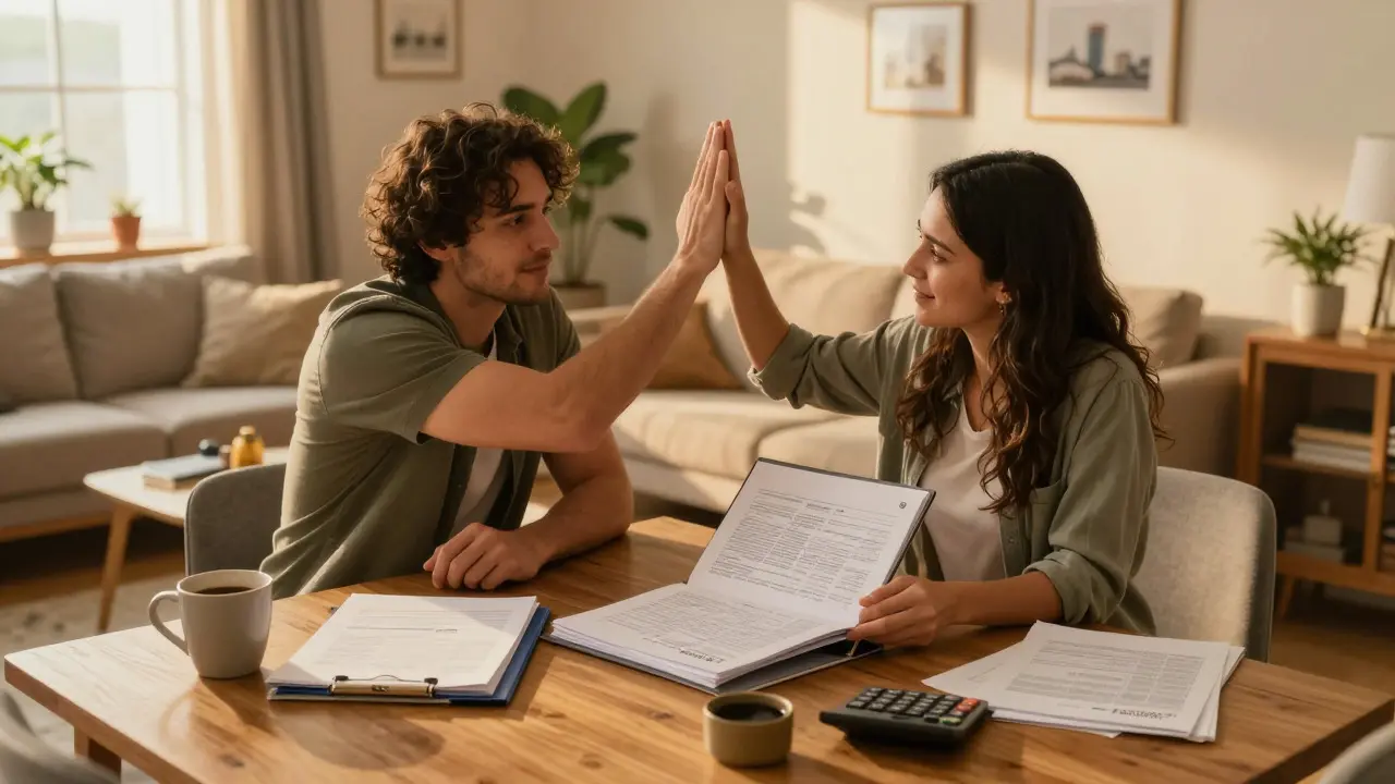 Couple smiling and high-fiving at a table surrounded by organized financial binders