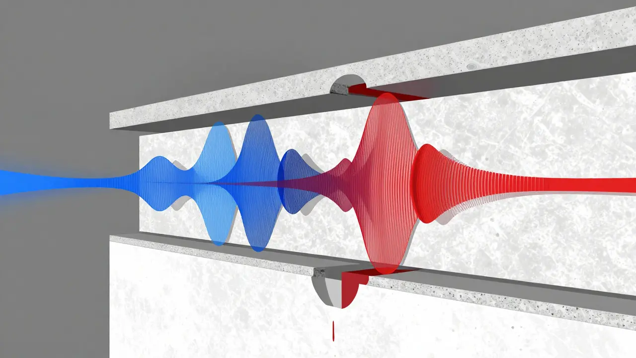 Cross-section illustration showing sound waves passing through building insulation layers