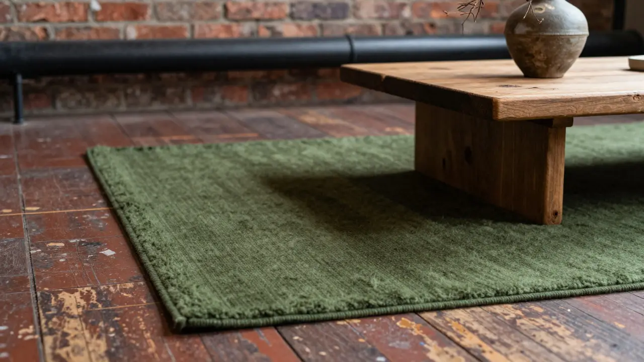 Detailaufnahme von Textilien, Holz und Beton im industriellen Wohnstil