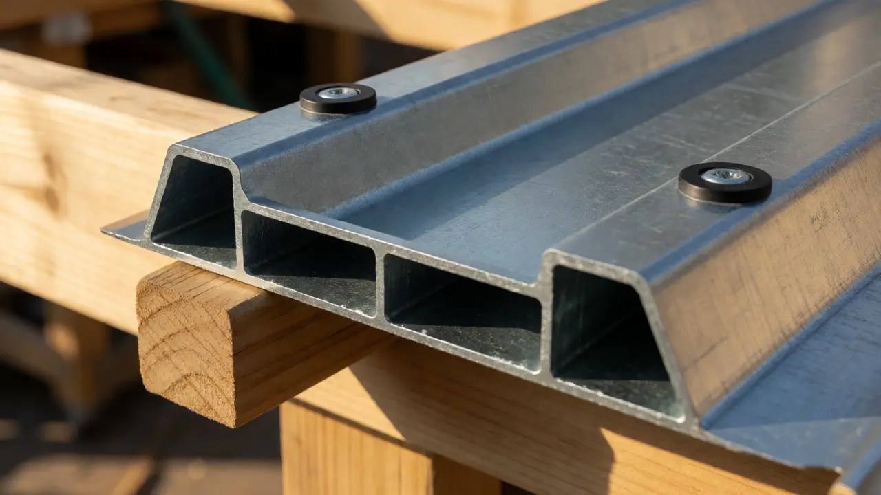 Detailaufnahme von Trapezblech mit sichtbaren Schrauben auf Holzunterkonstruktion
