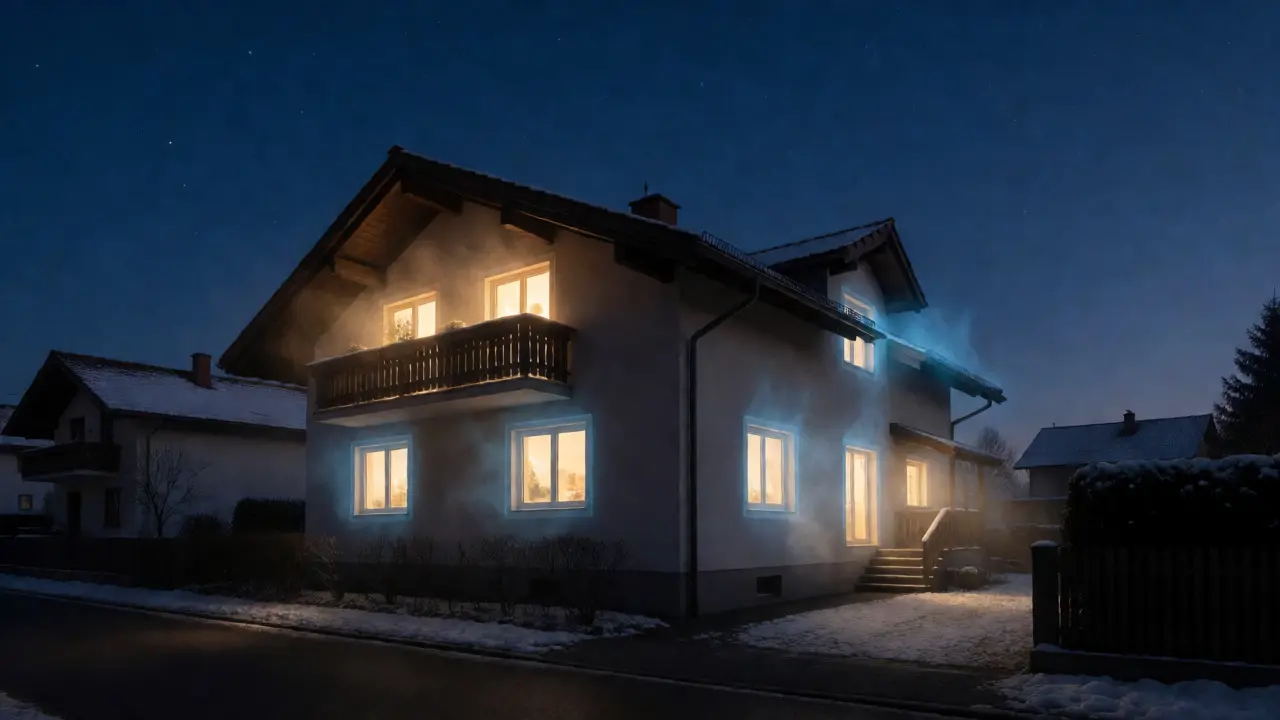 Einfamilienhaus bei Dämmerung mit visualisierten Wärmeverlusten