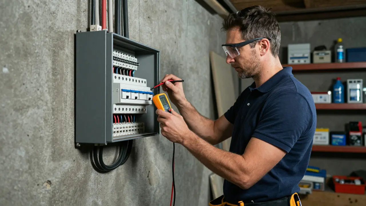 Elektriker prüft einen alten Verteilerkasten im Keller mit einem Multimeter