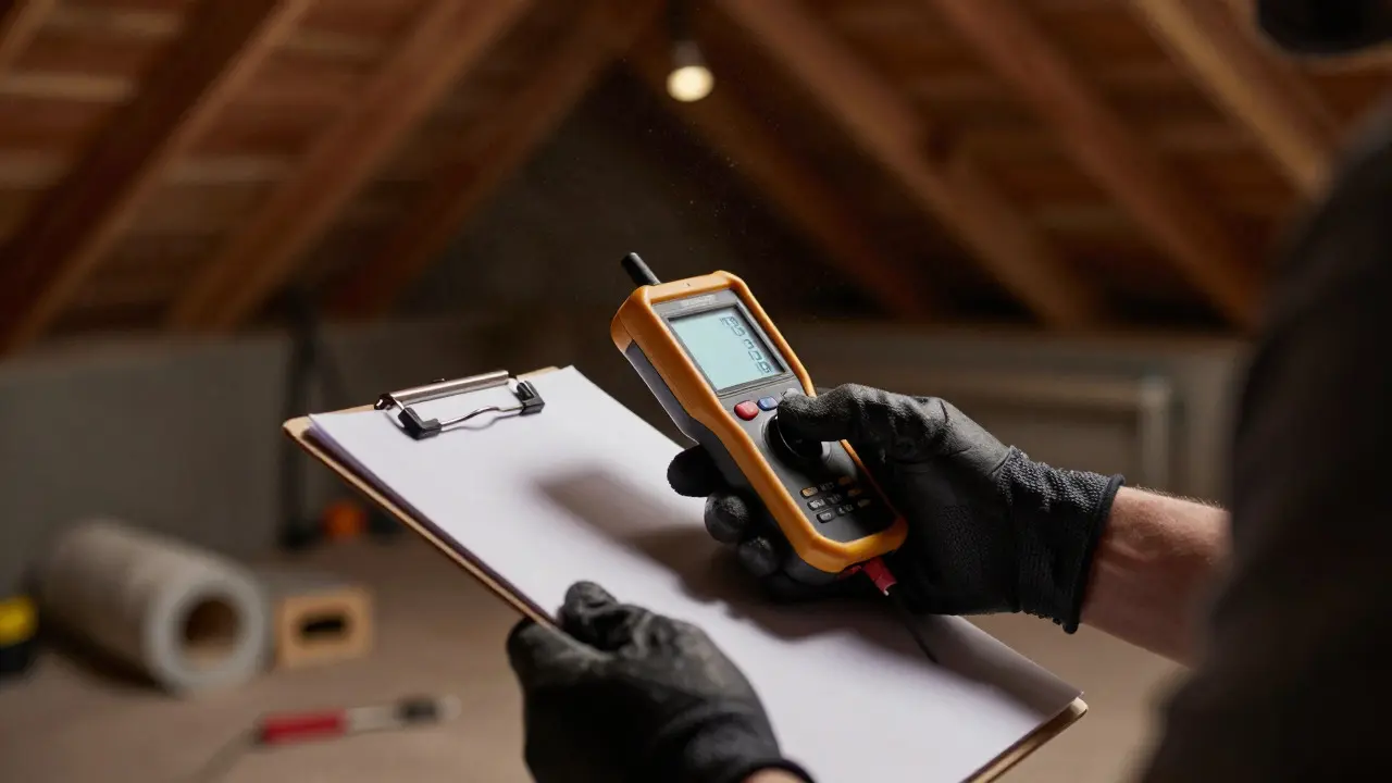 Engineer measuring sound levels in an attic during property inspection