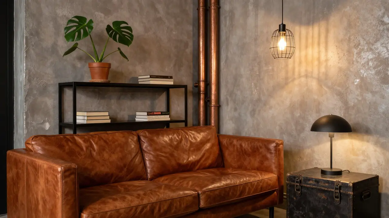 Gemütliche Ecke mit Ledersofa, Stahlregal und Pflanzen im Industrial Style