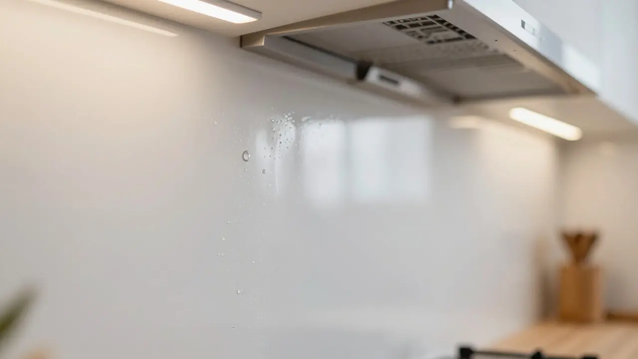 Glossy kitchen wall coating repelling oil droplets near a stove