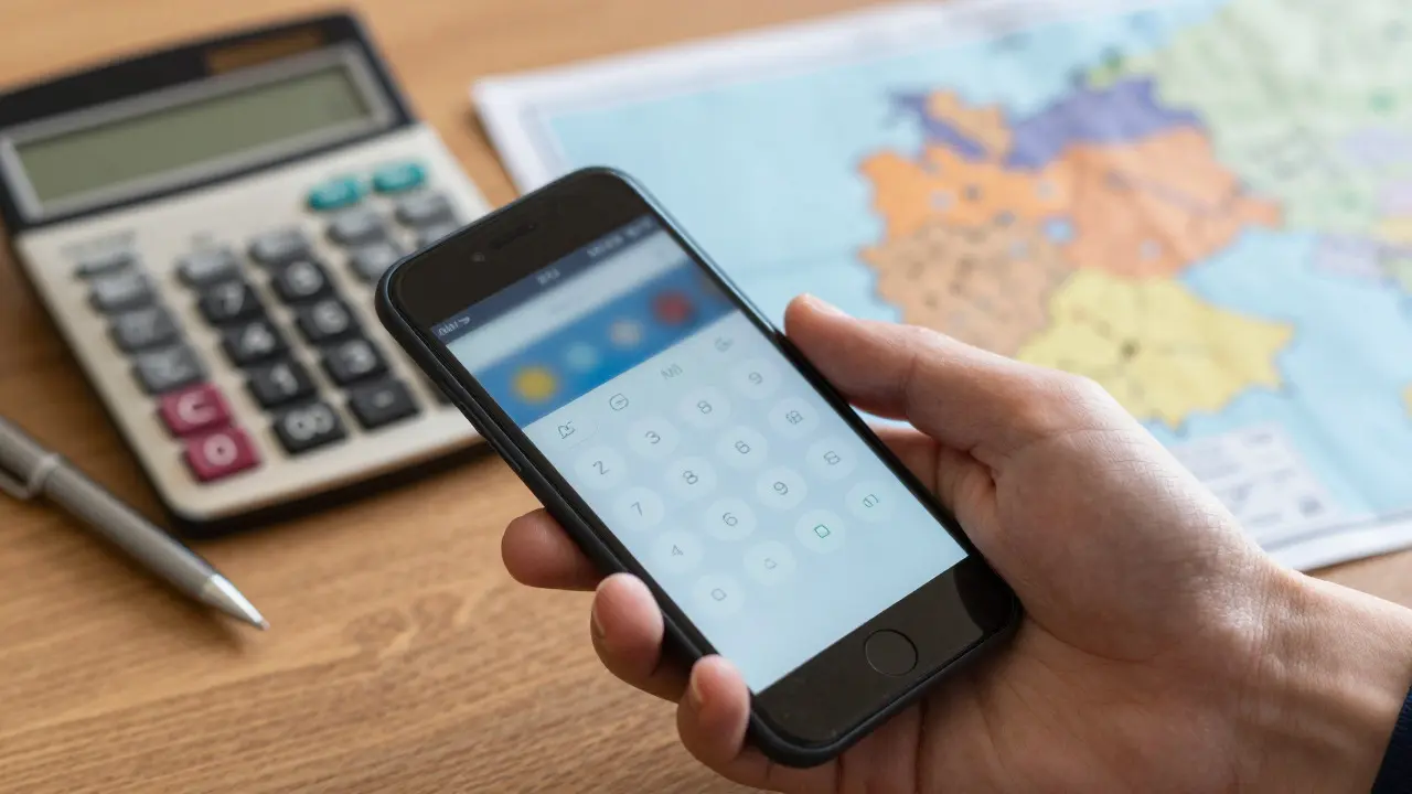 Hand mit Smartphone-Rechner vor Karte und Büro