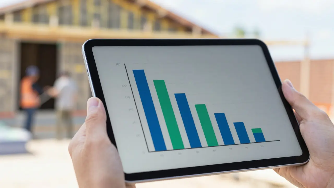 Hand mit Tablet zeigt Kostenreduktion vor Isolierungs-Baustelle