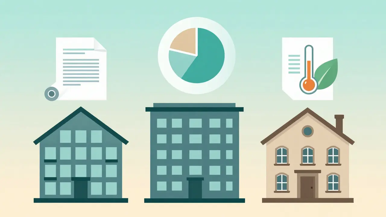 Illustration of three house types with floating icons representing specific document needs