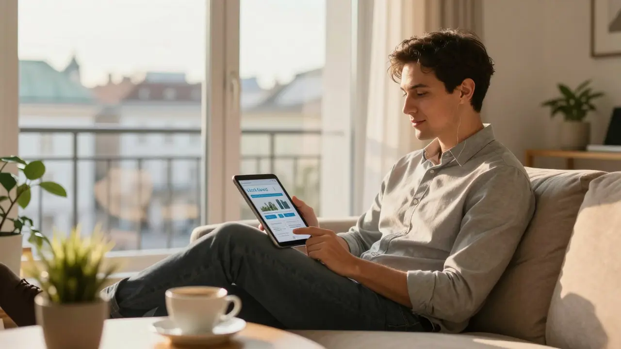 Immobilienmakler arbeitet entspannt mit einem Tablet in einem sonnenbeschienenen Wohnzimmer