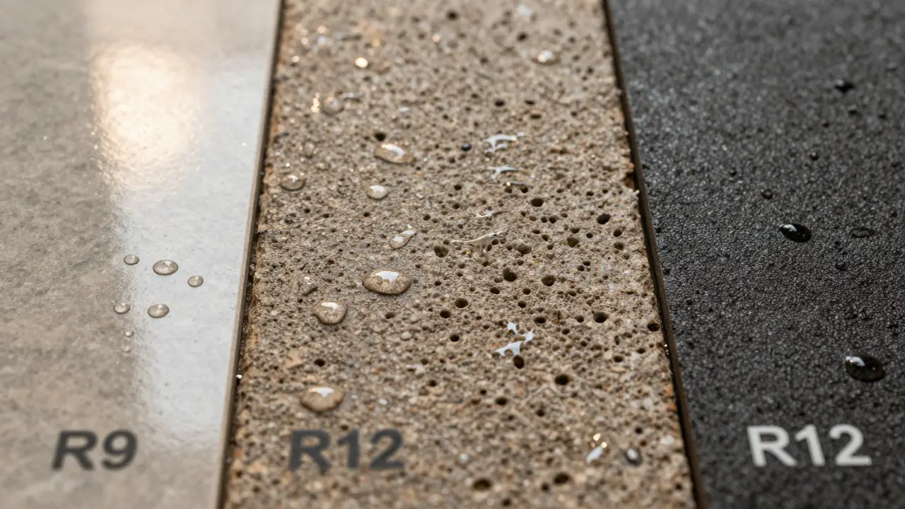 Makroaufnahme verschiedener Bodenstrukturen von glatt bis rau zur Demonstration der Rutschfestigkeit