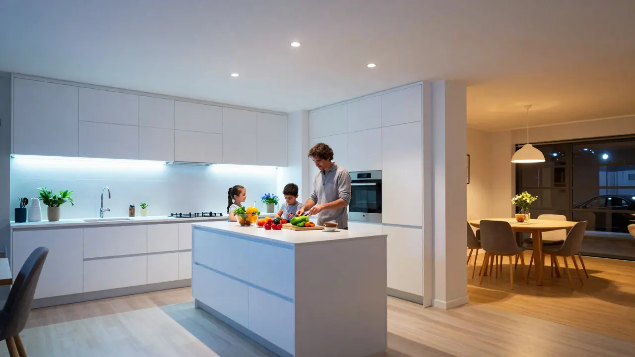 Modern kitchen and dining area lit by smart LED strips and recessed lights
