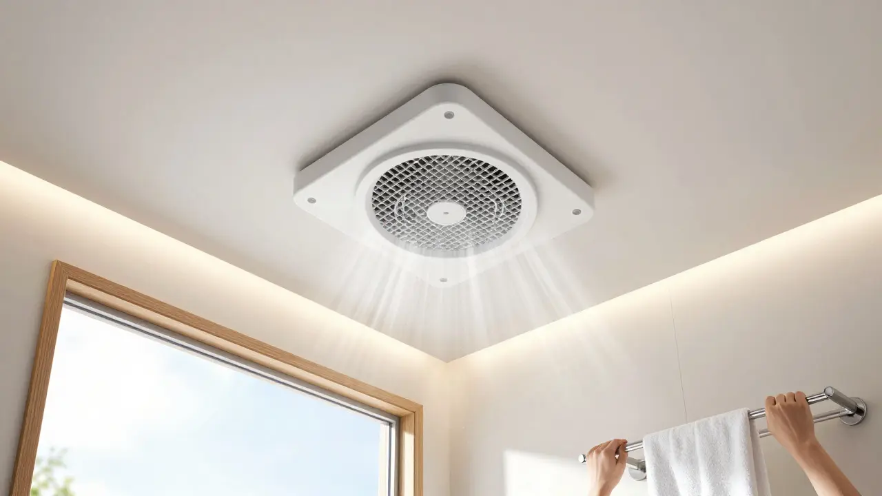 Moderne Lüftungsanlage in einem hellen Badezimmer ohne Fenster