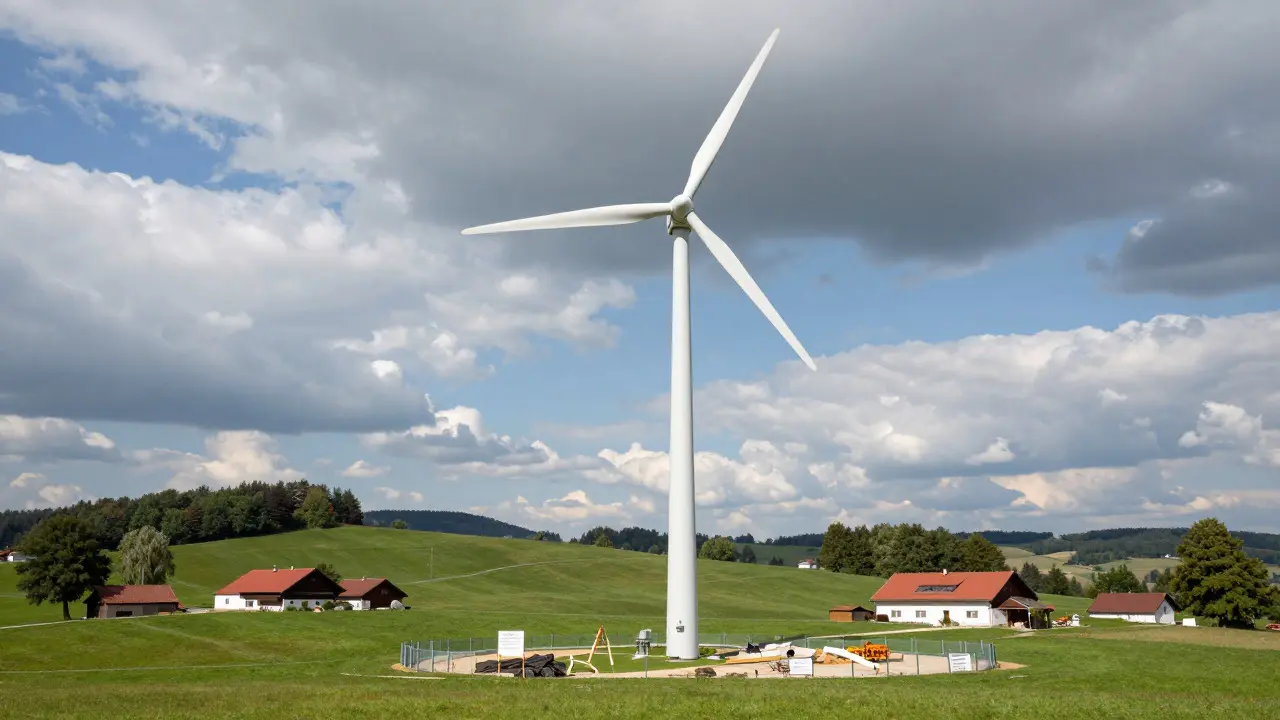 Moderne Windkraftanlage auf einem Bauernhof in der ländlichen Landschaft Österreichs
