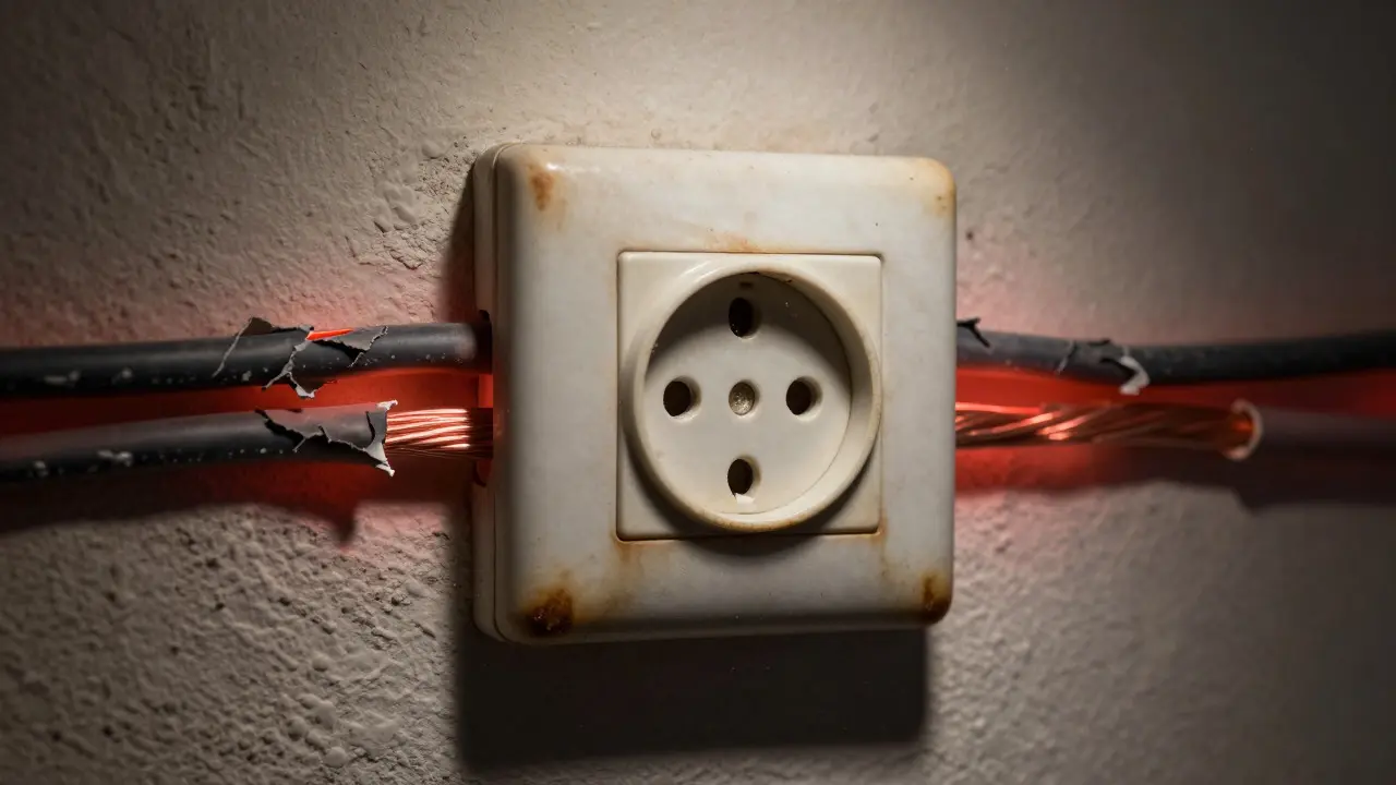 Nahaufnahme einer überhitzten Steckdose mit brüchiger Isolierung hinter der Wand