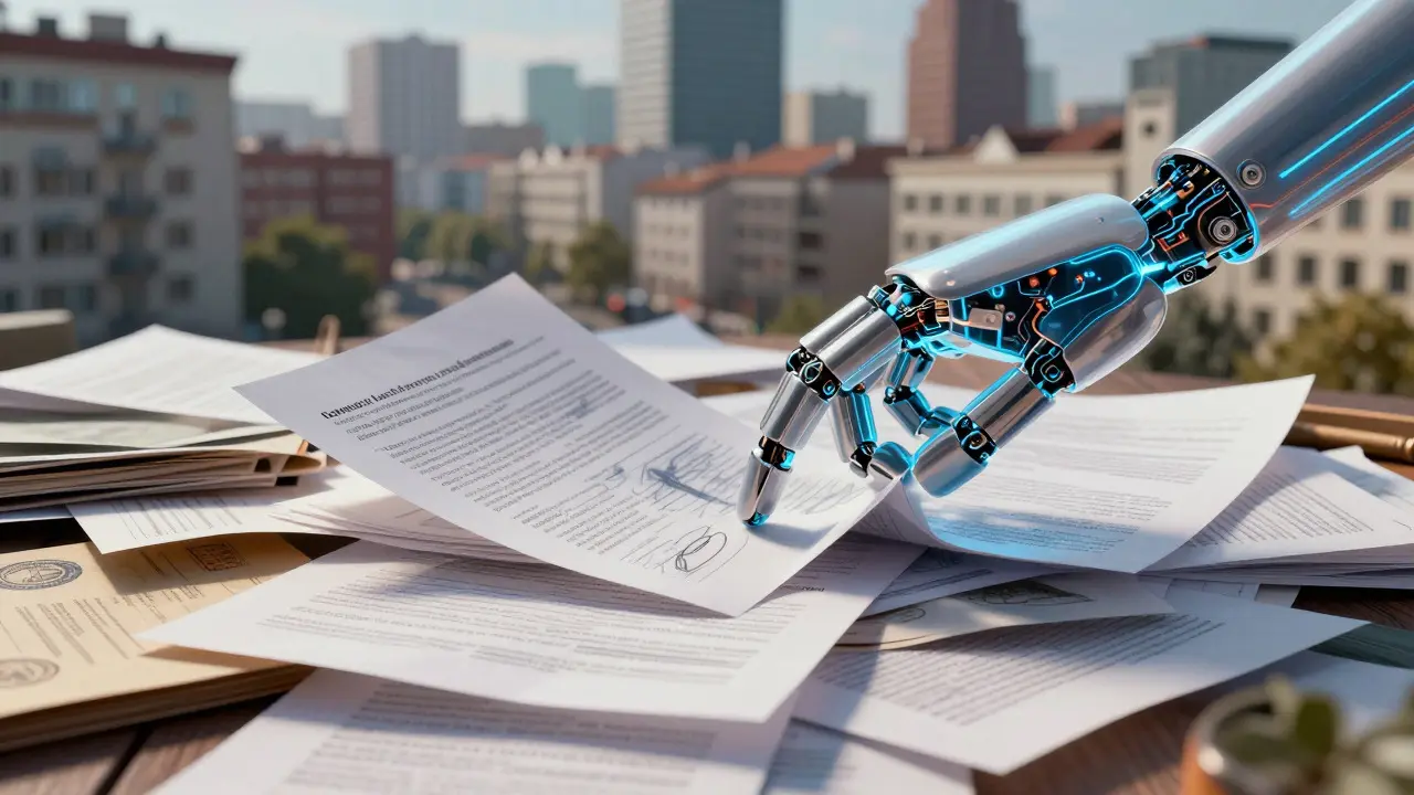 Robotic hand organizing chaotic legal documents against a city backdrop