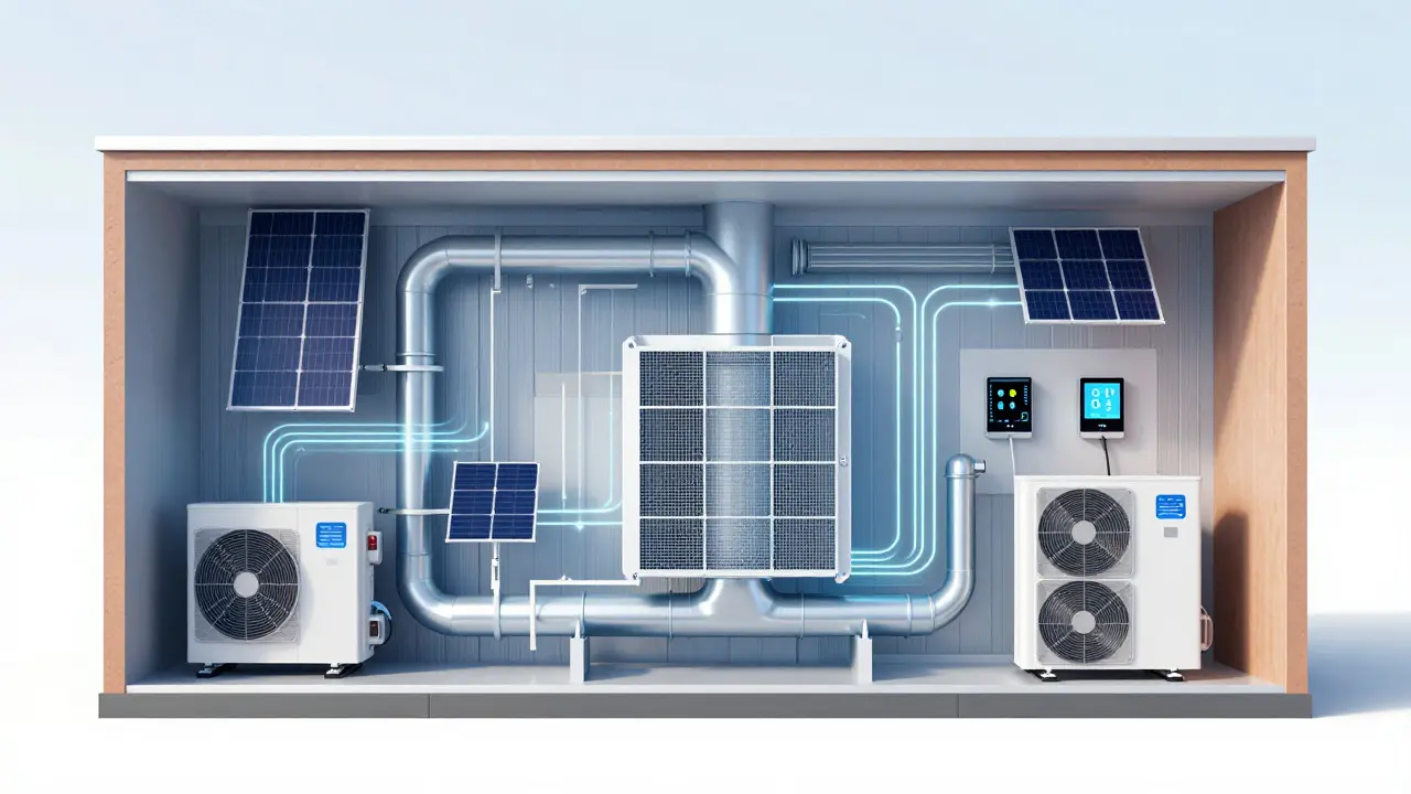 Schnittansicht eines Gebäudes mit Wärmepumpe und Lüftungssystem