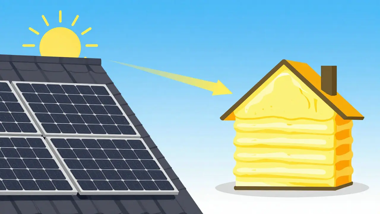 Solarpaneele auf Süddach und isoliertes Haus als Energie-Symbol