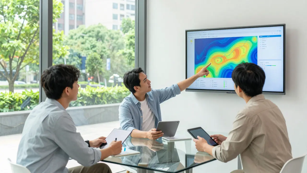 Team discussing property strategy near a wall display of market trends