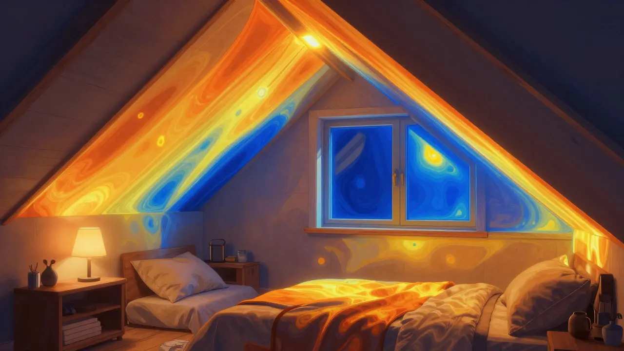 Thermografische Darstellung von Wärmebrücken in einem Dachgeschosszimmer