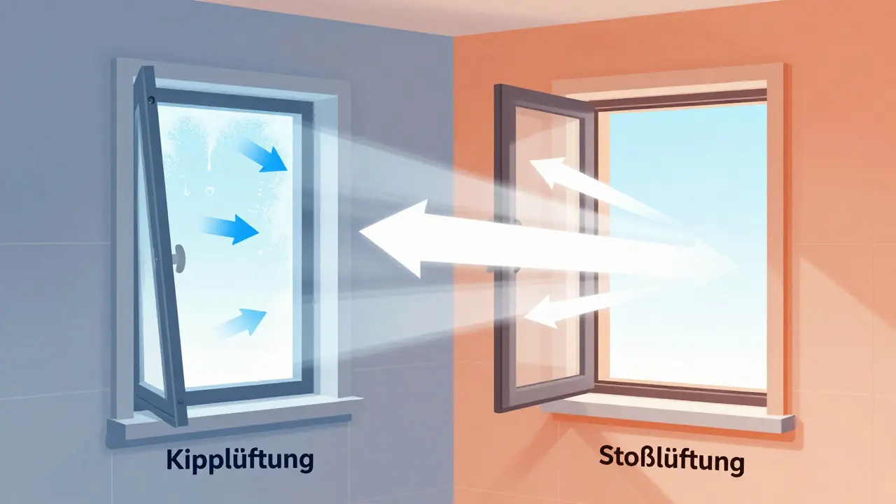 Vergleich von Kipplüftung und Stoßlüftung mit Luftströmungs-Pfeilen