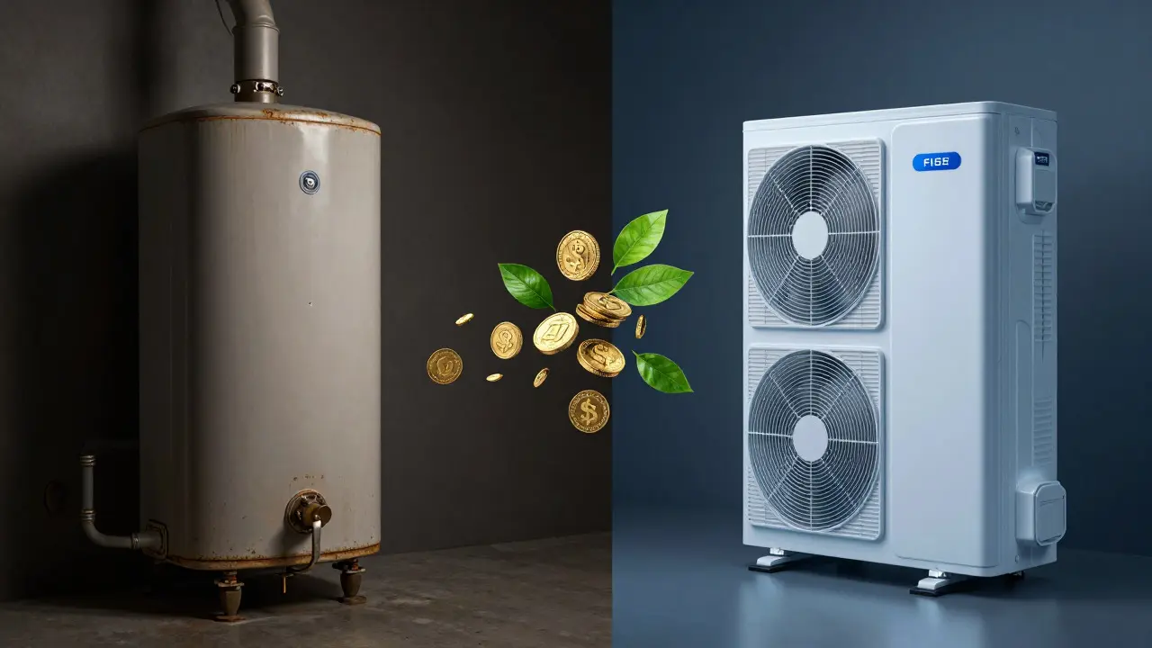 Visual comparison of old boiler vs new heat pump