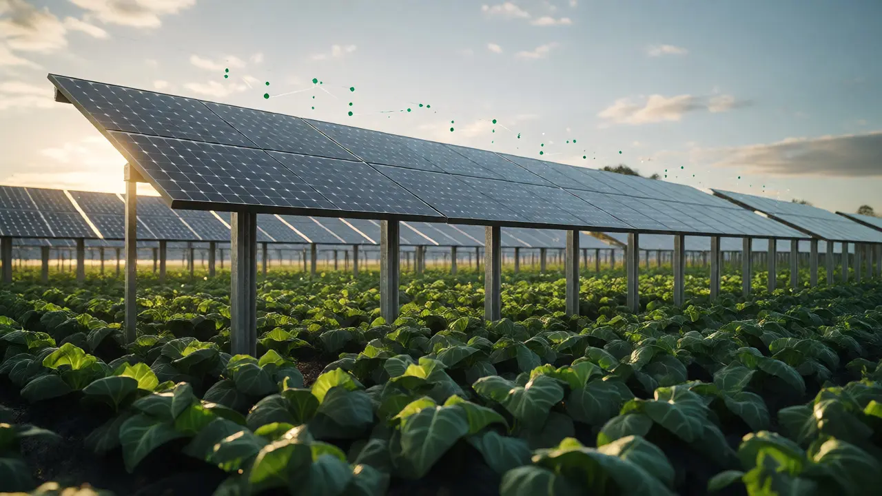 Agri-Photovoltaik-Anlage über einem grünen Gemüsefeld im Abendlicht