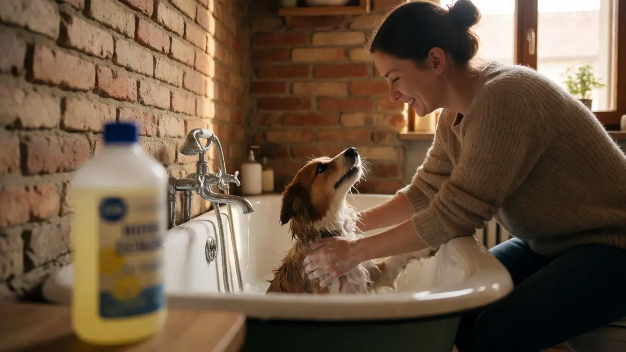 Familie nutzt robuste Stahl-Email-Badewanne zum Hundebaden in einem Altbau-Badezimmer.