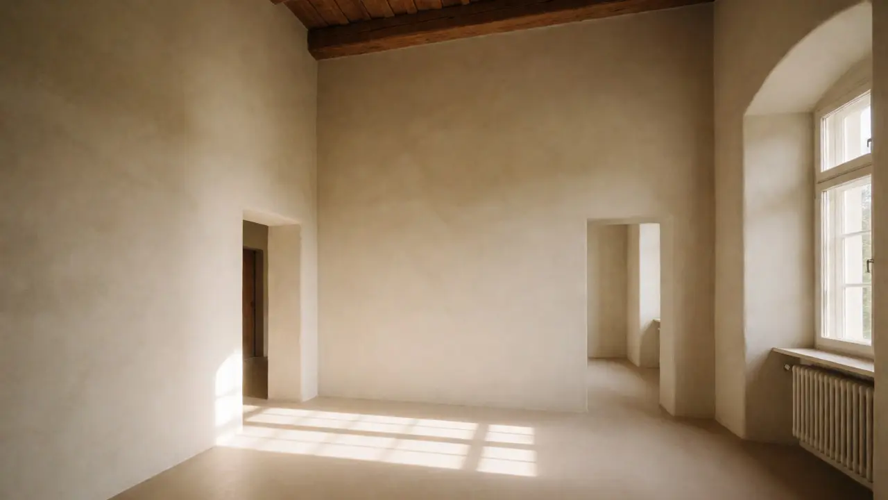Gemütliches Interieur eines sanierten Altbaus mit diffusionsoffenem Kalkputz und natürlichem Licht