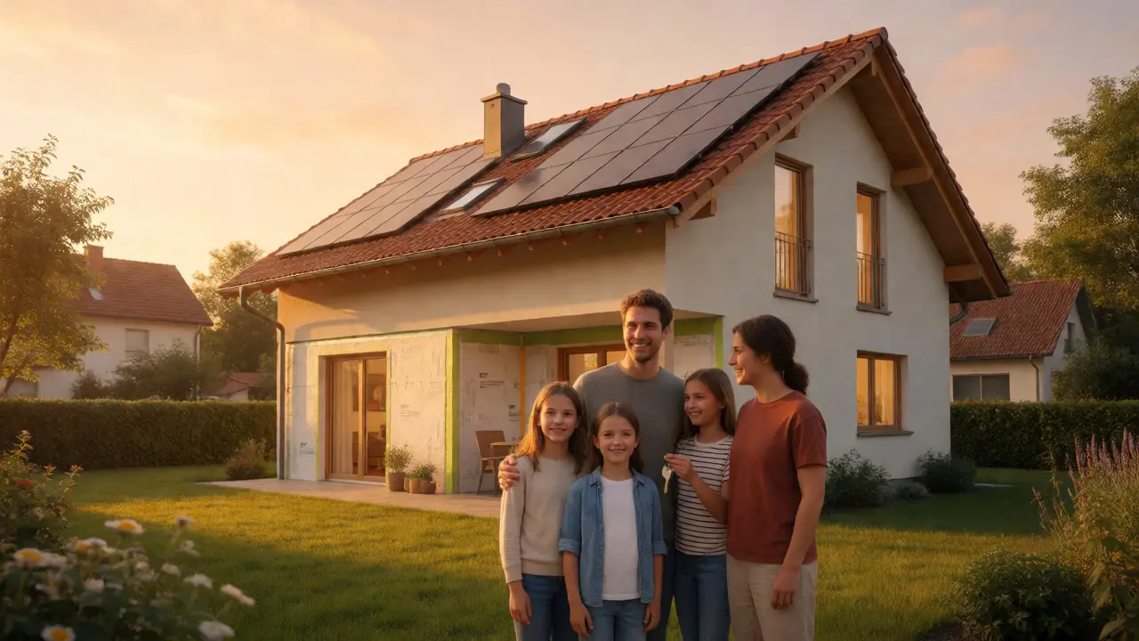Glückliche Familie vor ihrem neu sanierten, energieeffizienten Haus