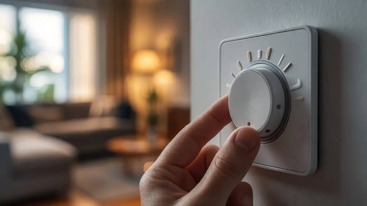 Hand regelt einen Smart-Home-Dimmer, während das Wohnzimmerlicht gedimmt wird