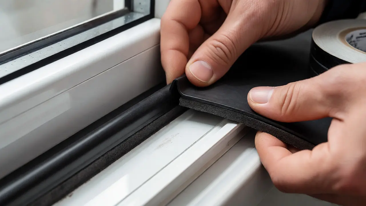 Hände installieren eine neue Gummidichtung am sauberen Fensterrahmen