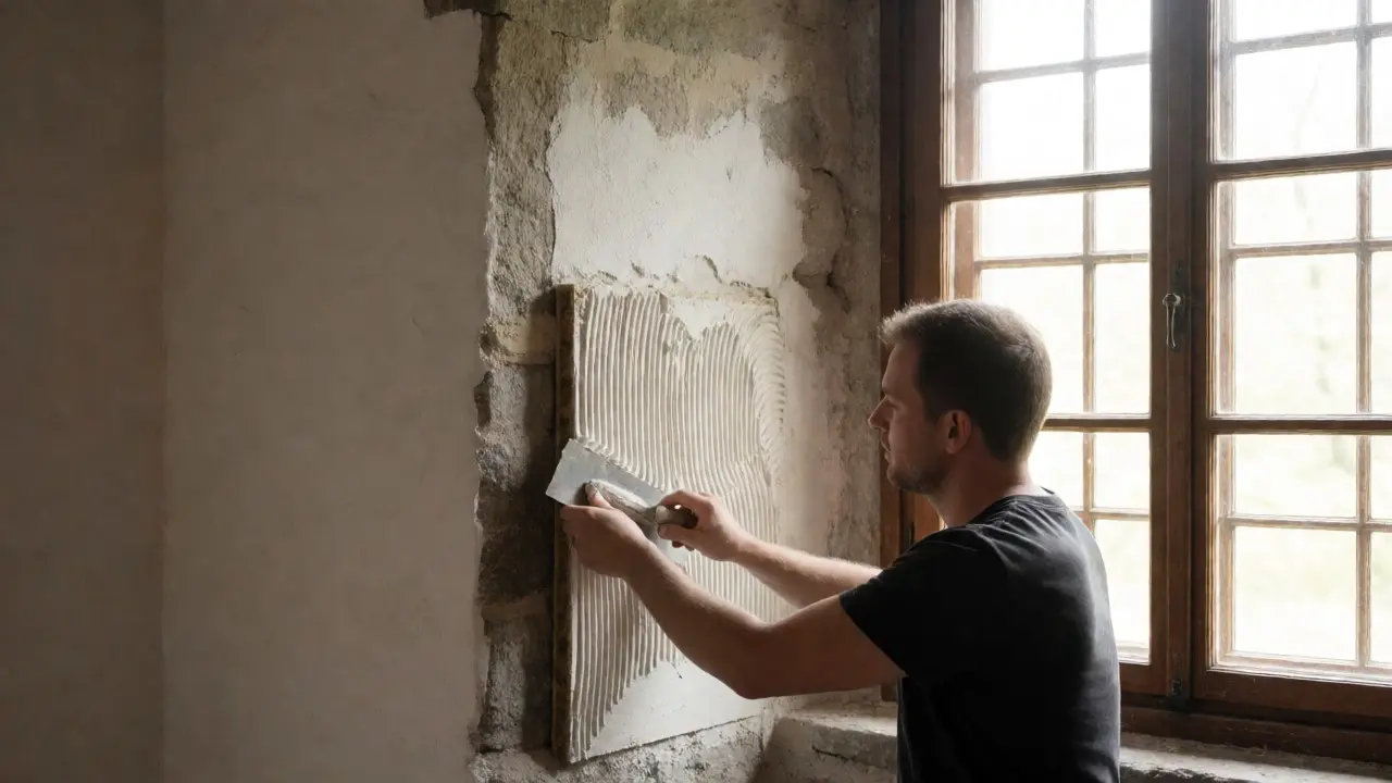 Handwerker bringt kapillaraktive Innendämmplatten auf eine alte Steinwand in einem denkmalgeschützten Haus an