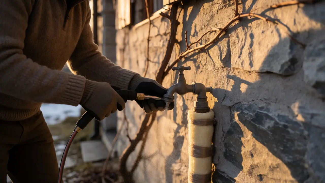 Hausbesitzer bläst Wasser aus dem Außenhahn mit Druckluft