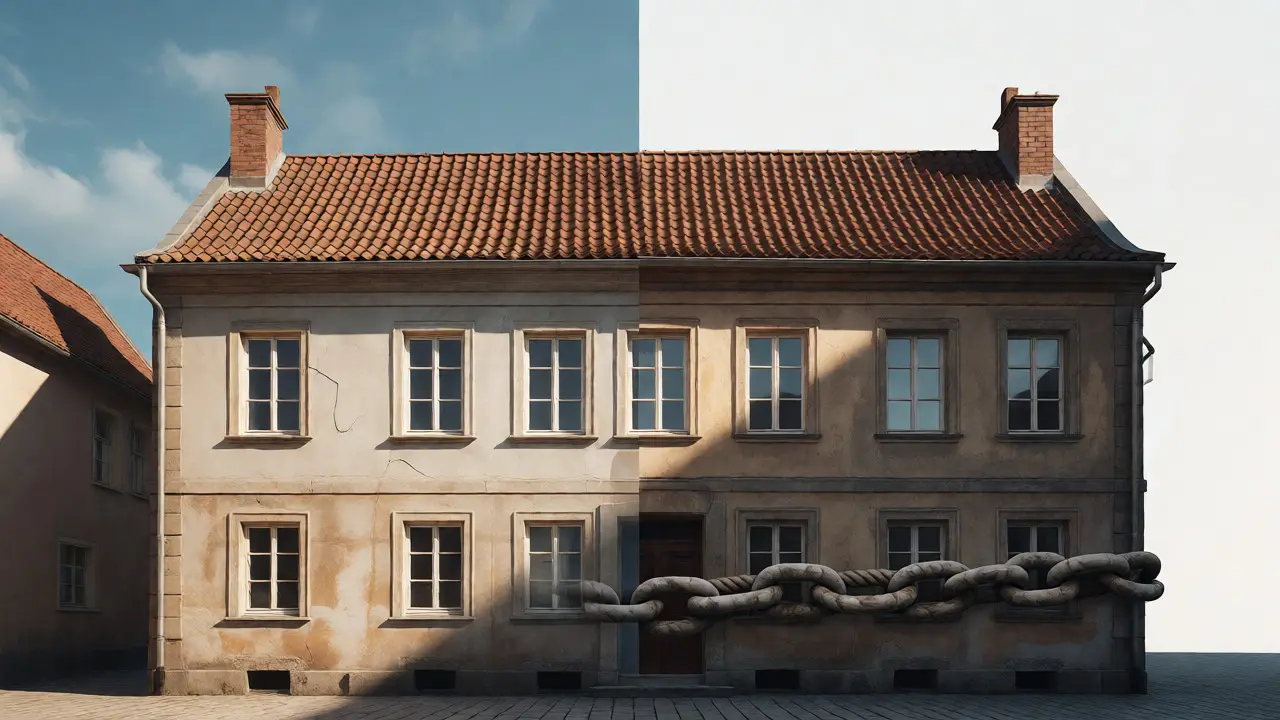 Hausfassade, teils frei, teils durch Ketten als Symbol für Belastungen gebunden.