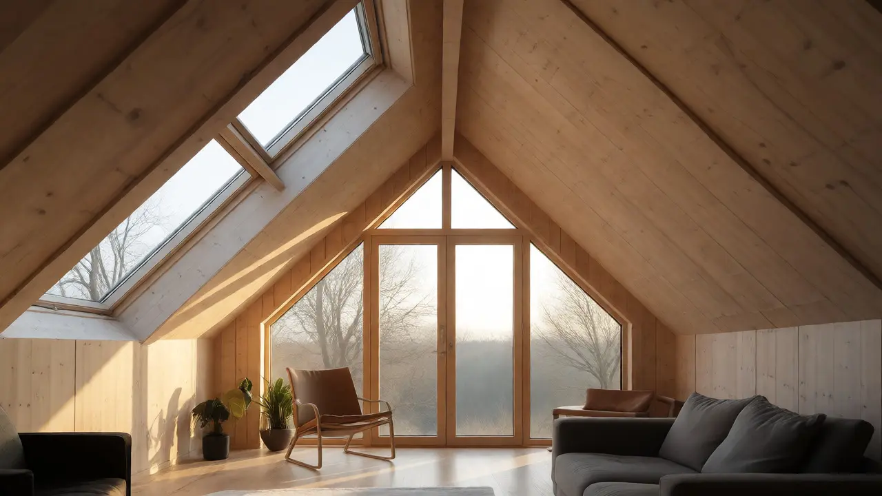 Heller ausgebauter Dachboden mit großem Fenster im neu errichteten Dachgiebel.