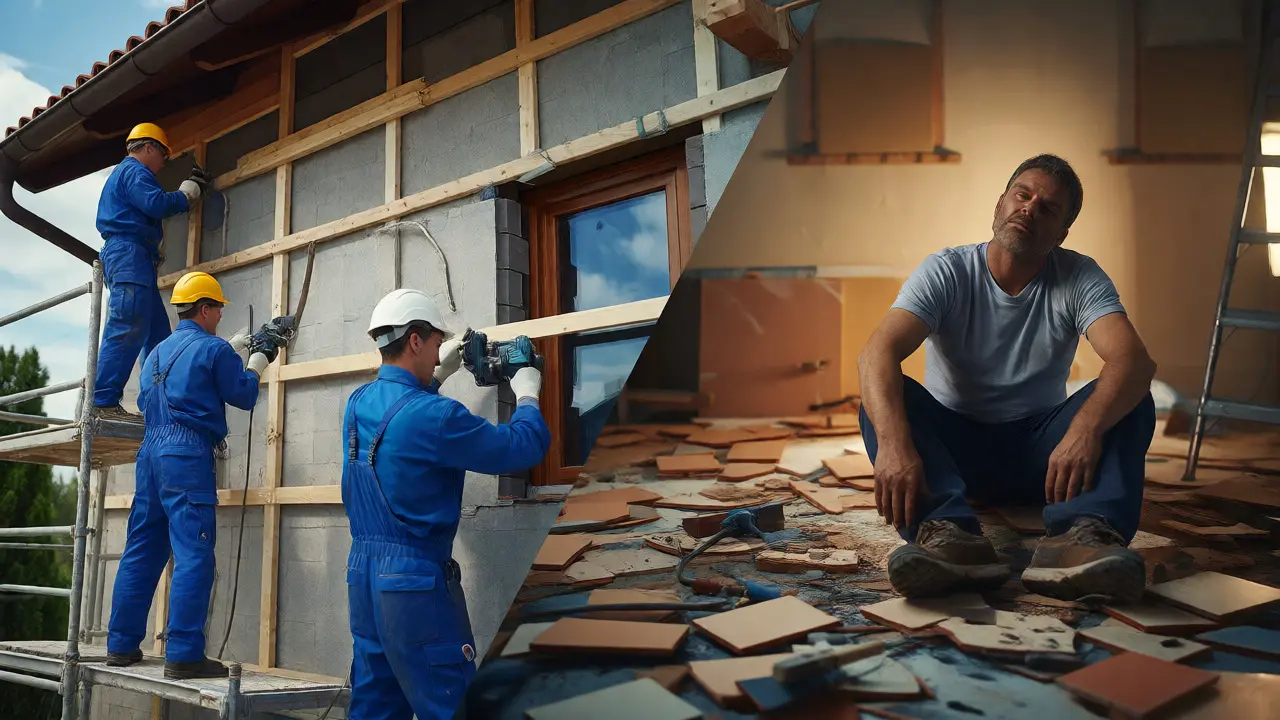 Kontrast zwischen professionellem Team bei Fassadendämmung und gestresstem Heimwerker.
