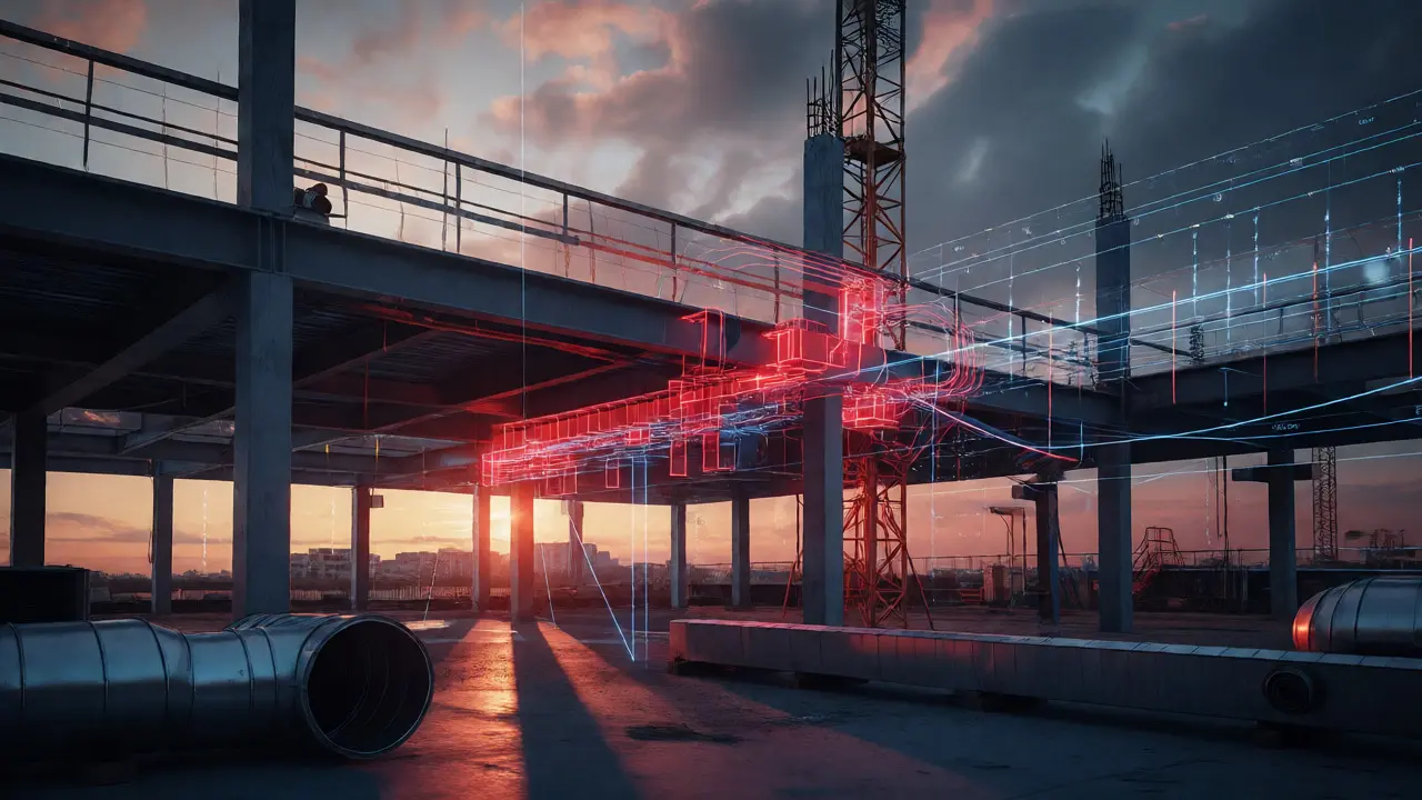 Konzeptdarstellung einer Baustelle mit 4D-BIM-Zeitachse und markierten Kollisionen.