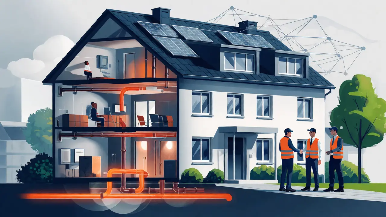 Konzeptdarstellung von Mieterstrom und Contracting-Partnerschaft im Wohngebäude