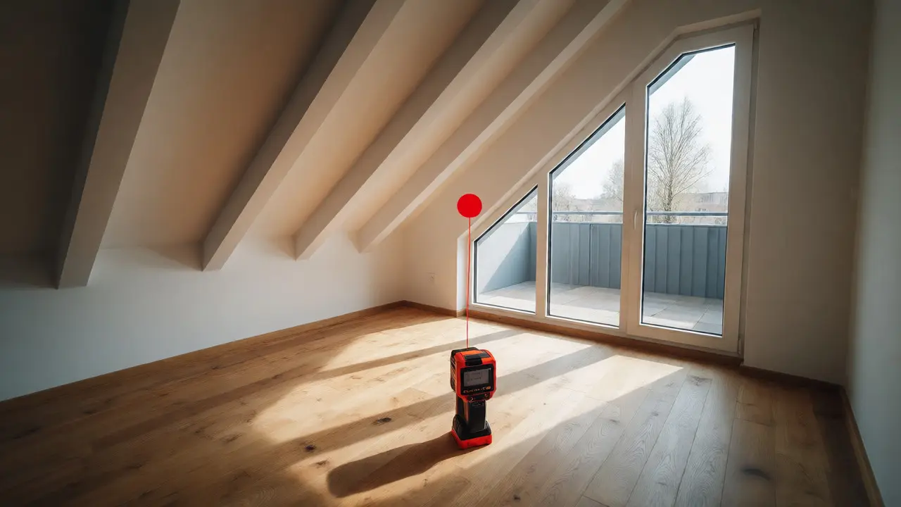 Laserentfernungsmesser misst Wohnfläche im Dachgeschoss mit Balkon.