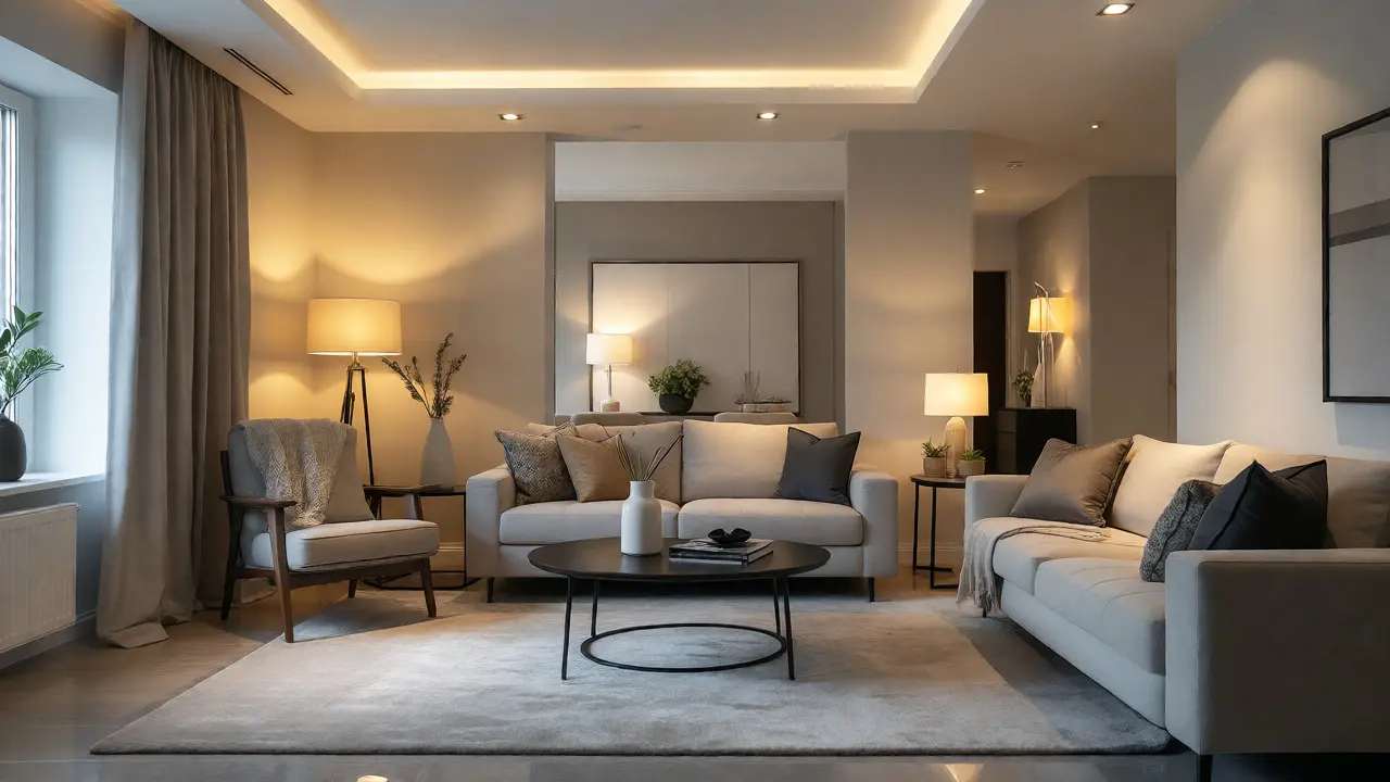 Modernes, professionell gestyltes Wohnzimmer in neutralen Farben mit heller Beleuchtung und minimalistischen Möbeln.
