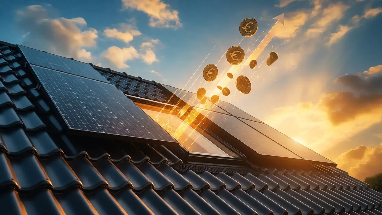 Modernes saniertes Dach mit Solaranlage im Sonnenlicht als Symbol für Energieeffizienz