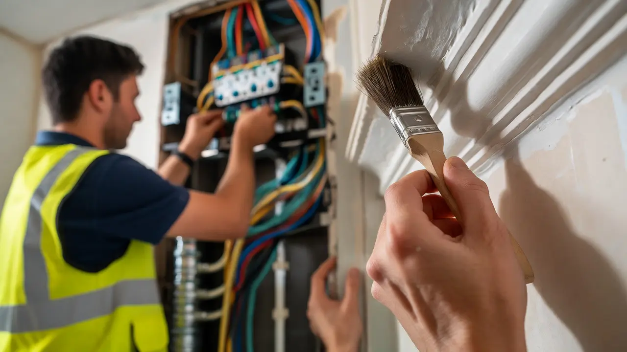 Nahaufnahme: Eigenanstrich im Vordergrund, Elektriker arbeitet im Hintergrund an Verkabelung.