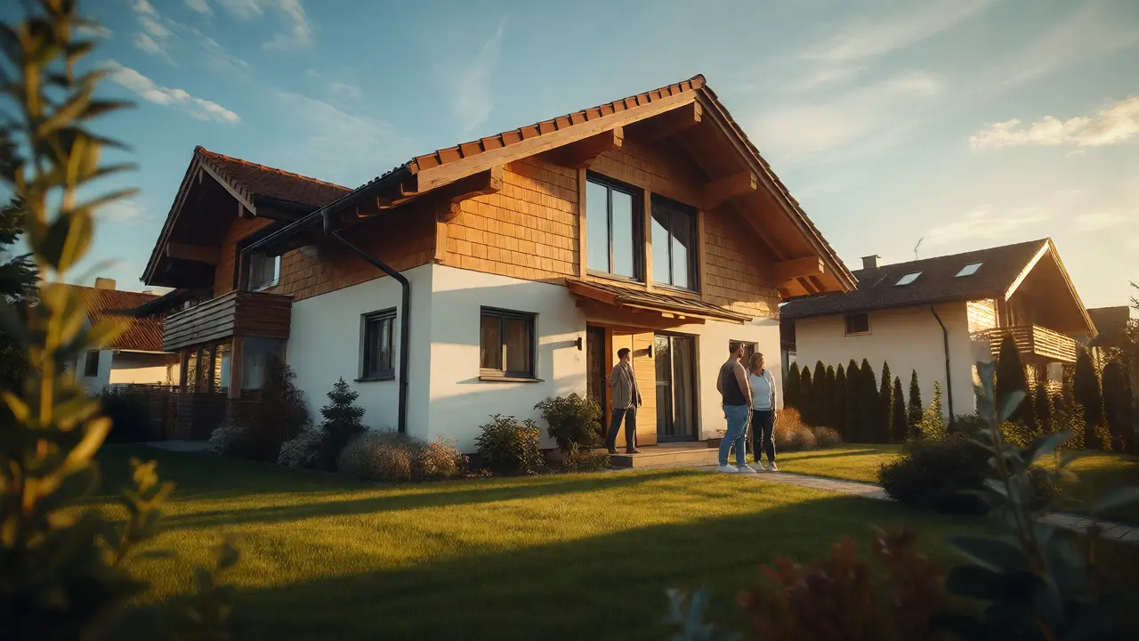 Paar betrachtet attraktives Einfamilienhaus im österreichischen Stil bei Sonnenuntergang.