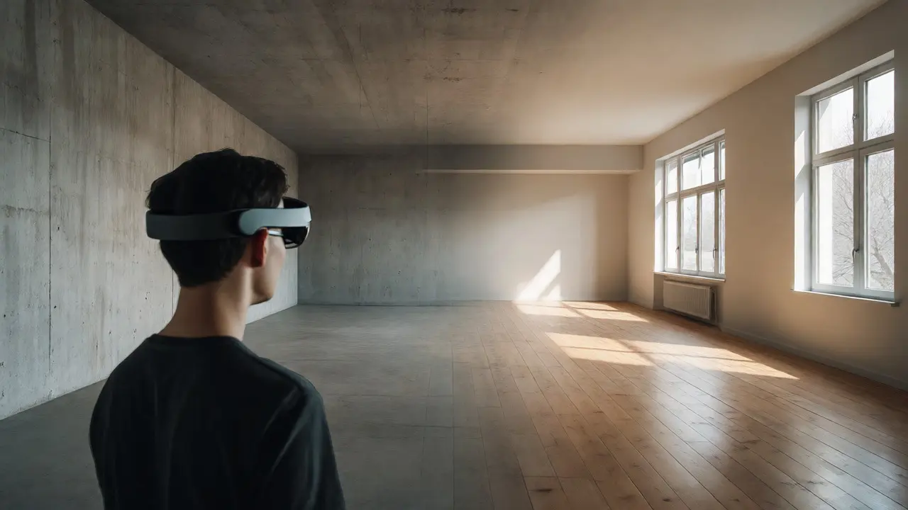 Person mit AR-Brille sieht geplante Inneneinrichtung als Overlay auf rohem Beton.