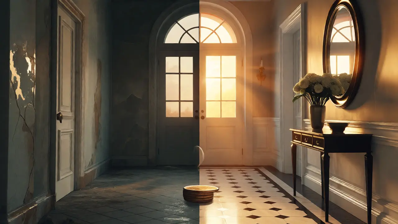 Vergleich eines dunklen Flurs vor dem Staging mit einem hellen, elegant gestalteten Eingangsbereich danach.